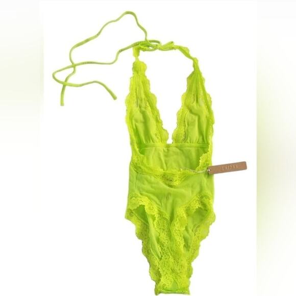 SKIMS Summer Mesh Lace Plunge Bodysuit Highlighter Green XXS NWT - Picture 5 of 7